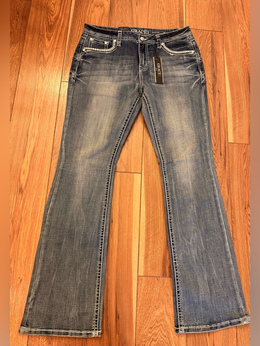 Grace Wide Leg Bootcut Jeans in Faded Blue Denim